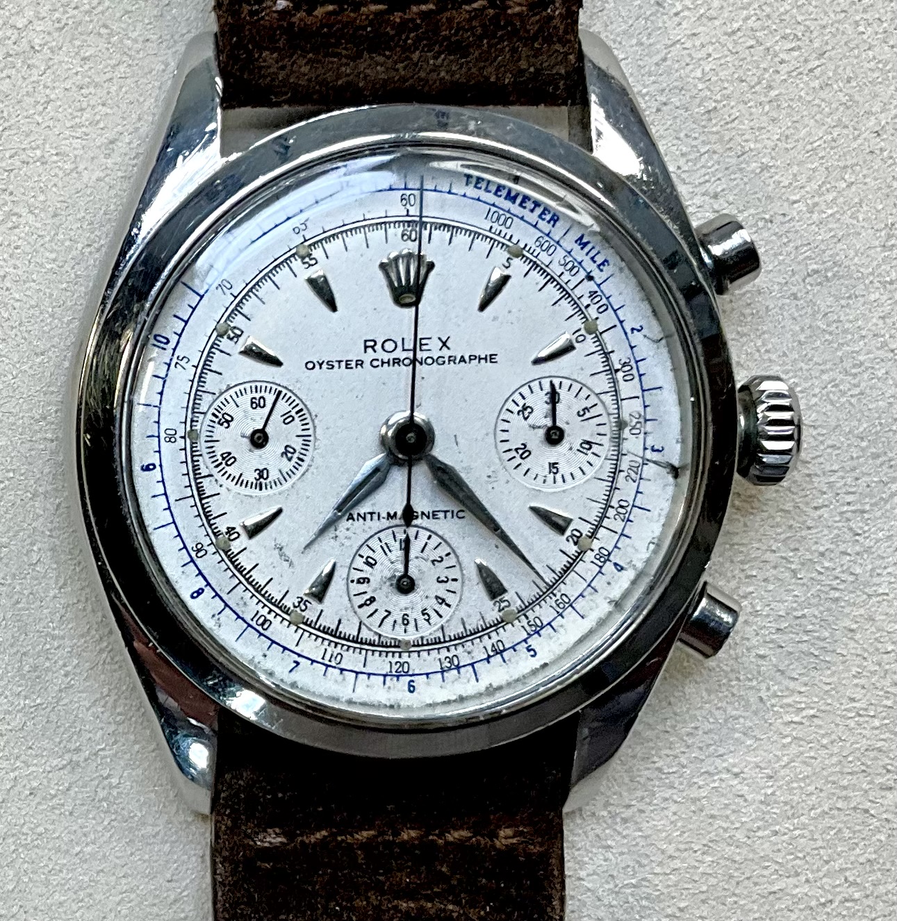As received — the Rolex Oyster Chronographe before service.