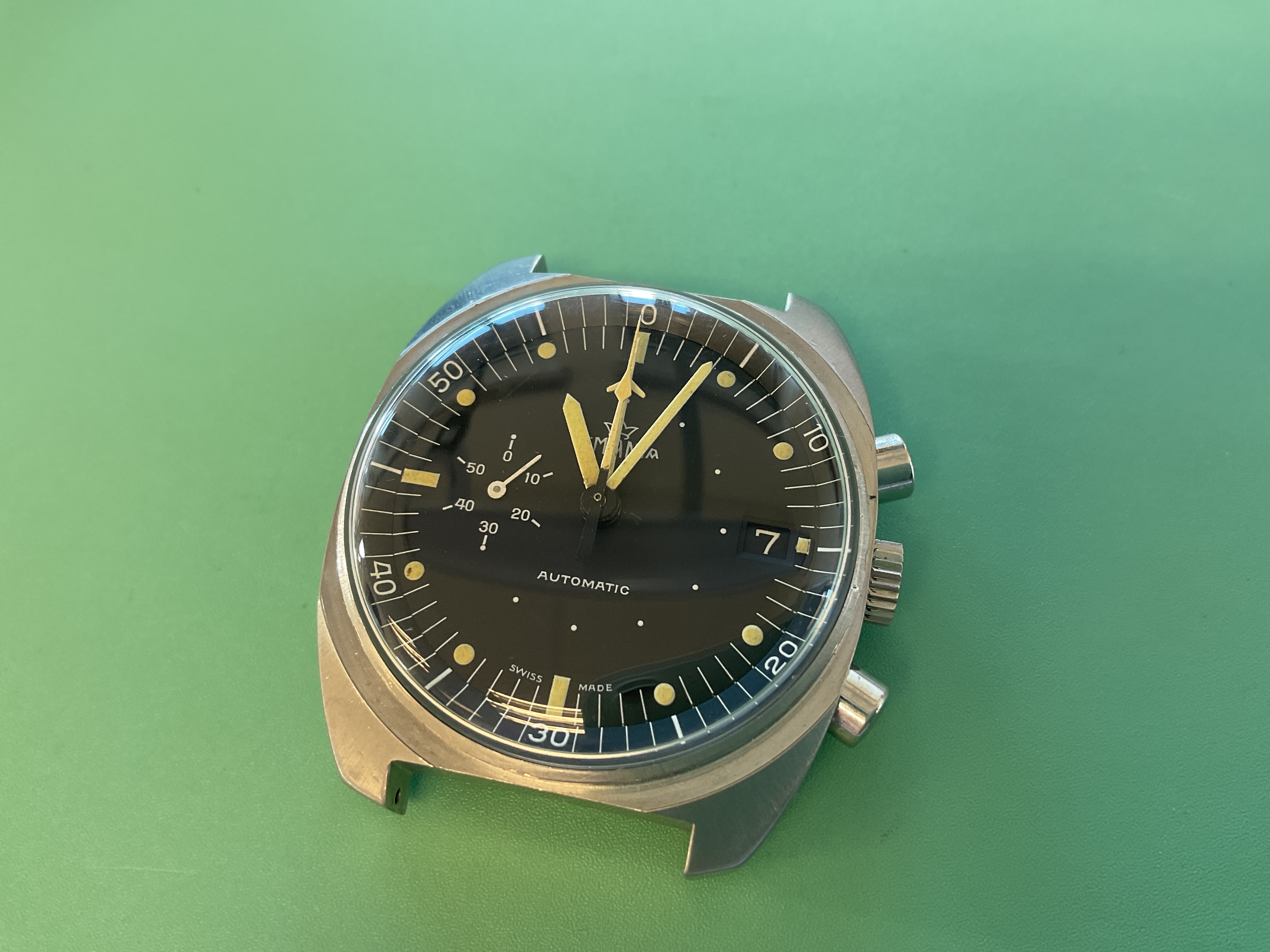 The finished Lemania SAAF chronograph, serviced and cased.