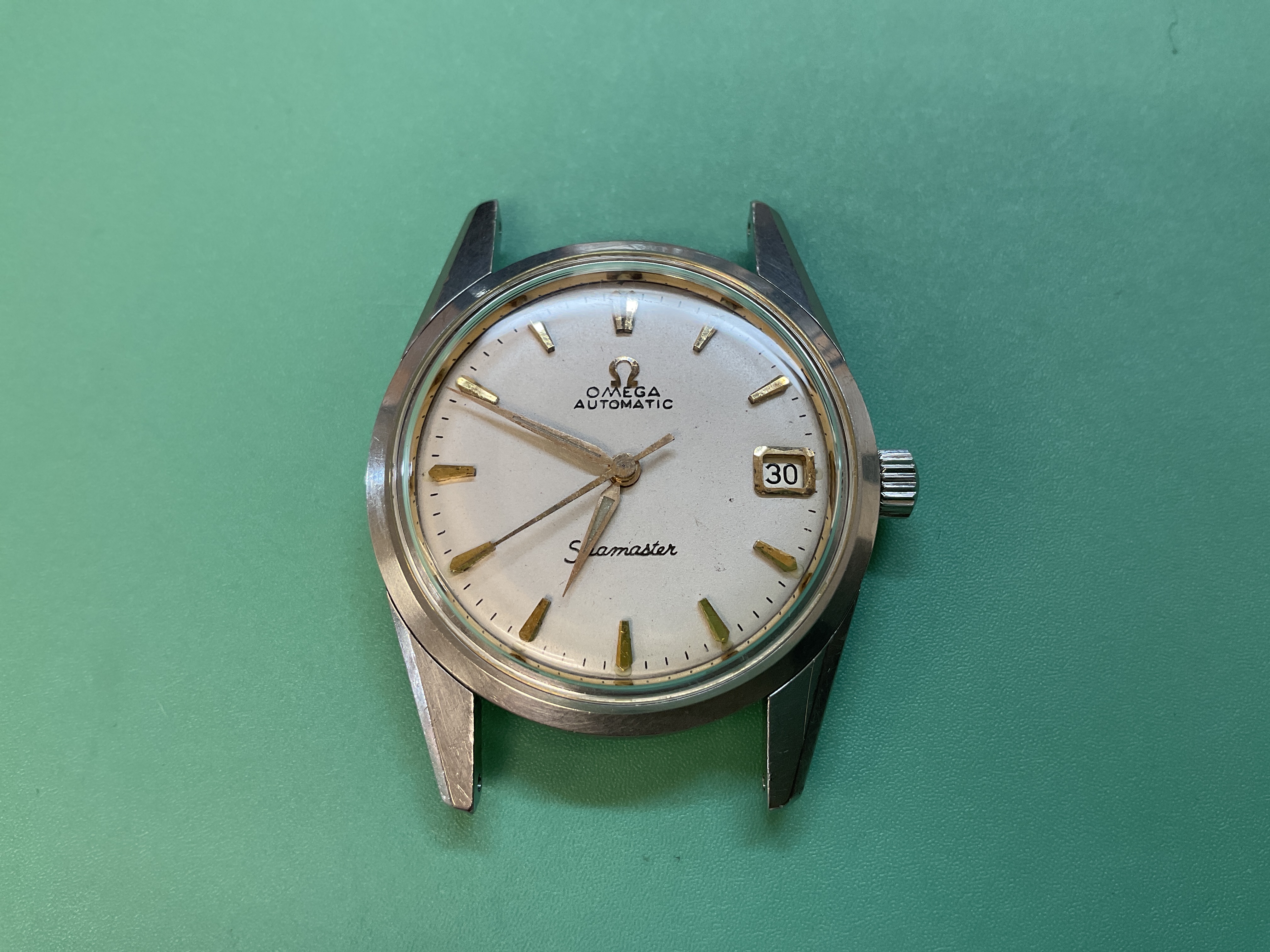 The finished Omega Seamaster, serviced and cased.