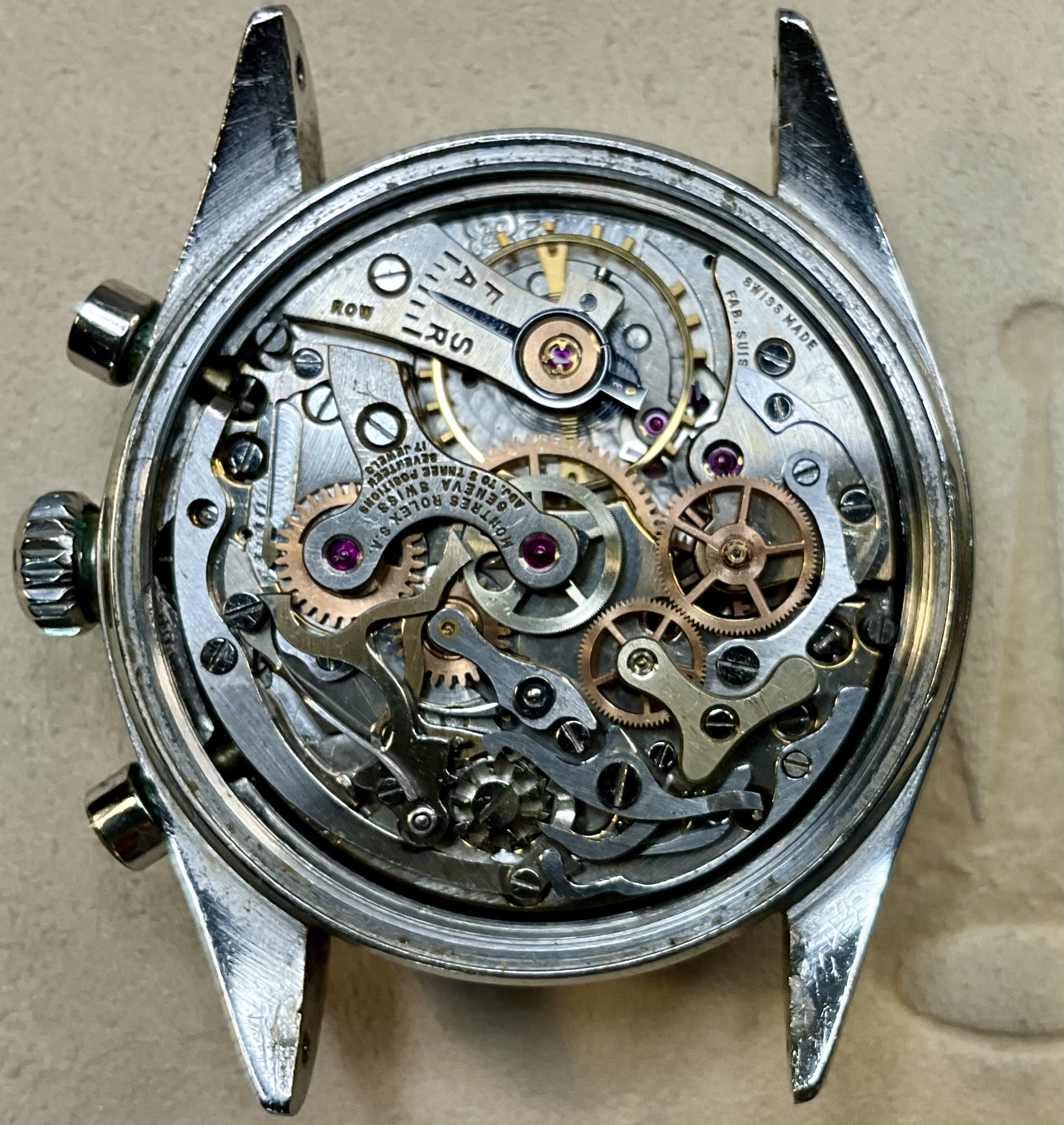 The chronograph movement as received, before teardown and cleaning.